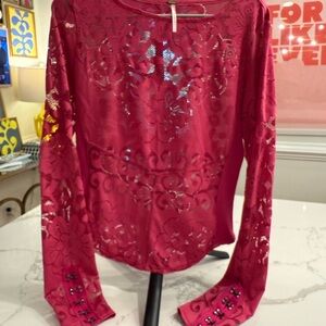 Free People Wild Roses Hook & Eye Cuff Lace Fitted Long Sleeve Top